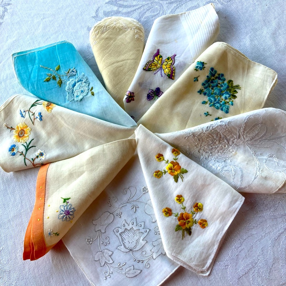 Vintage Embroidered Handkerchiefs Lot of 9